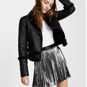 Halston Heritage Pleated Metallic Silver Mini Skirt Size 12, NWOT